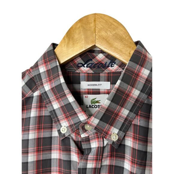 Lacoste Modern Fit Gray & Red Plaid Long Sleeve Button-Up Shirt Men's 42 Large - Picture 3 of 12